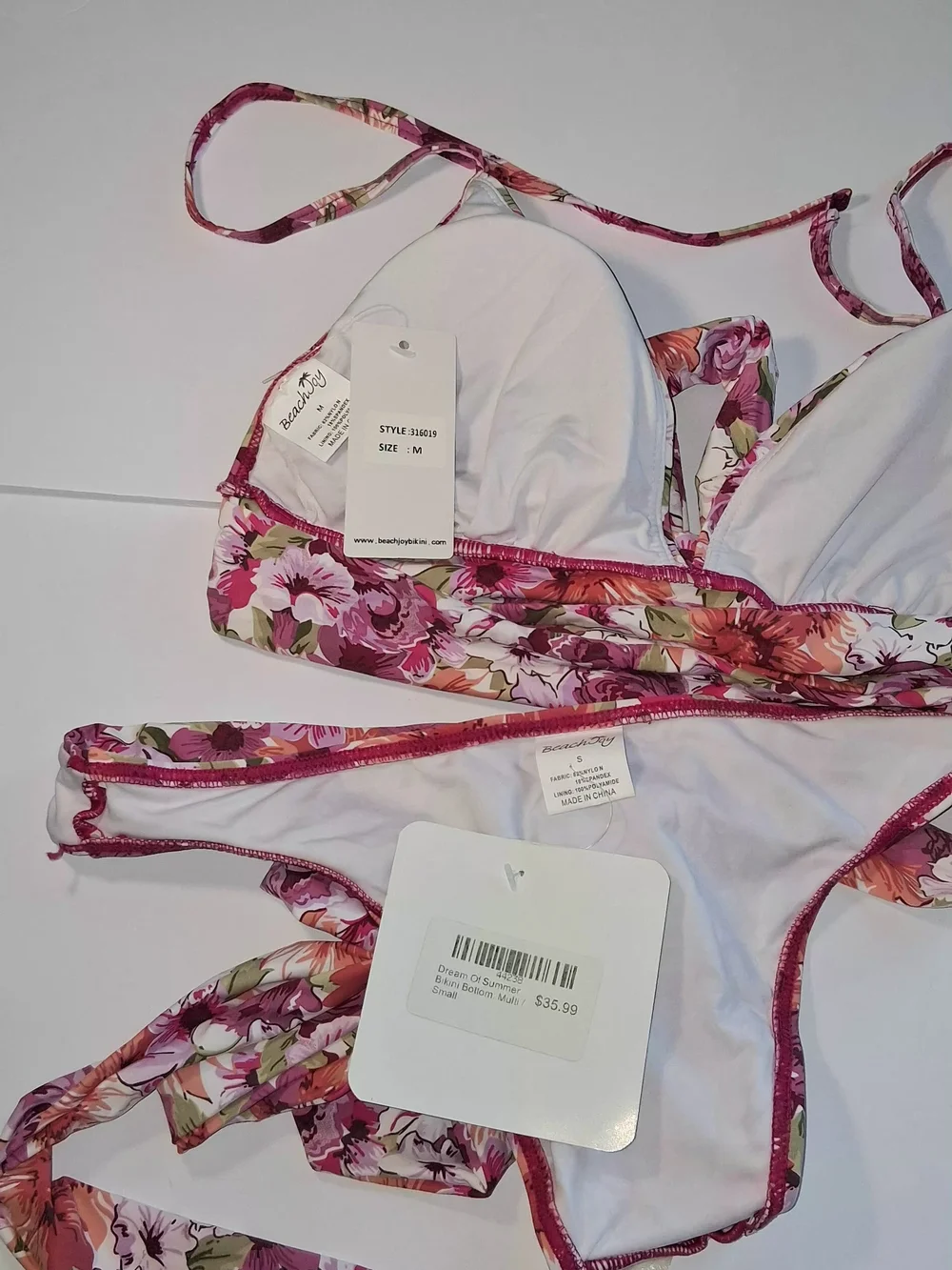 NWT BEACH JOY Floral Wrap-Around Bikini Set - Pink Multi Top M, Bottom S
